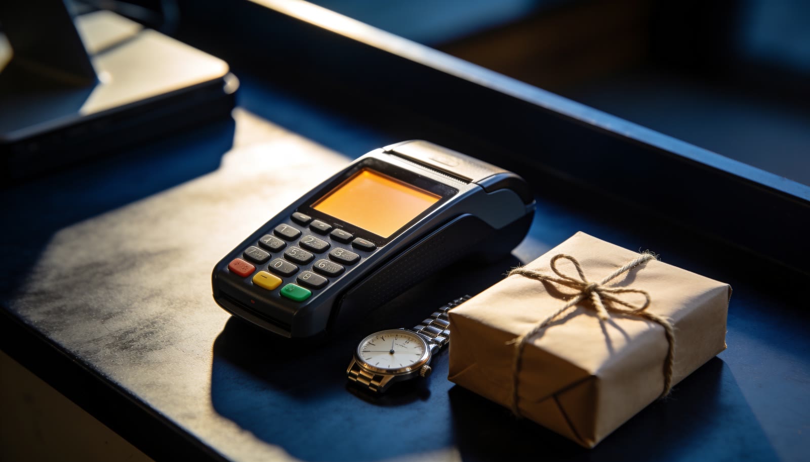 Un posnet, un paquete cerrado y un reloj sobre un mostrador