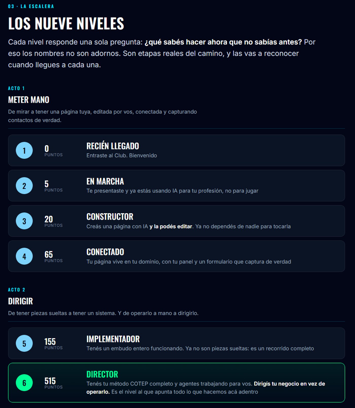 La escalera de niveles del Club, con el nivel 6 Director destacado