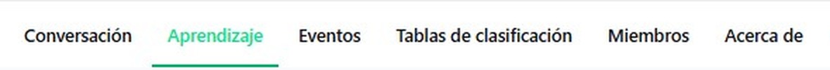 Las pestañas de la comunidad del Club: conversación, aprendizaje, eventos, tablas de clasificación, miembros