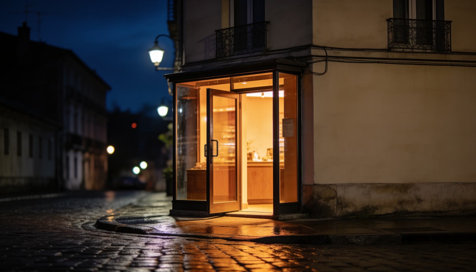 Un local con la luz encendida y la puerta entreabierta, de noche