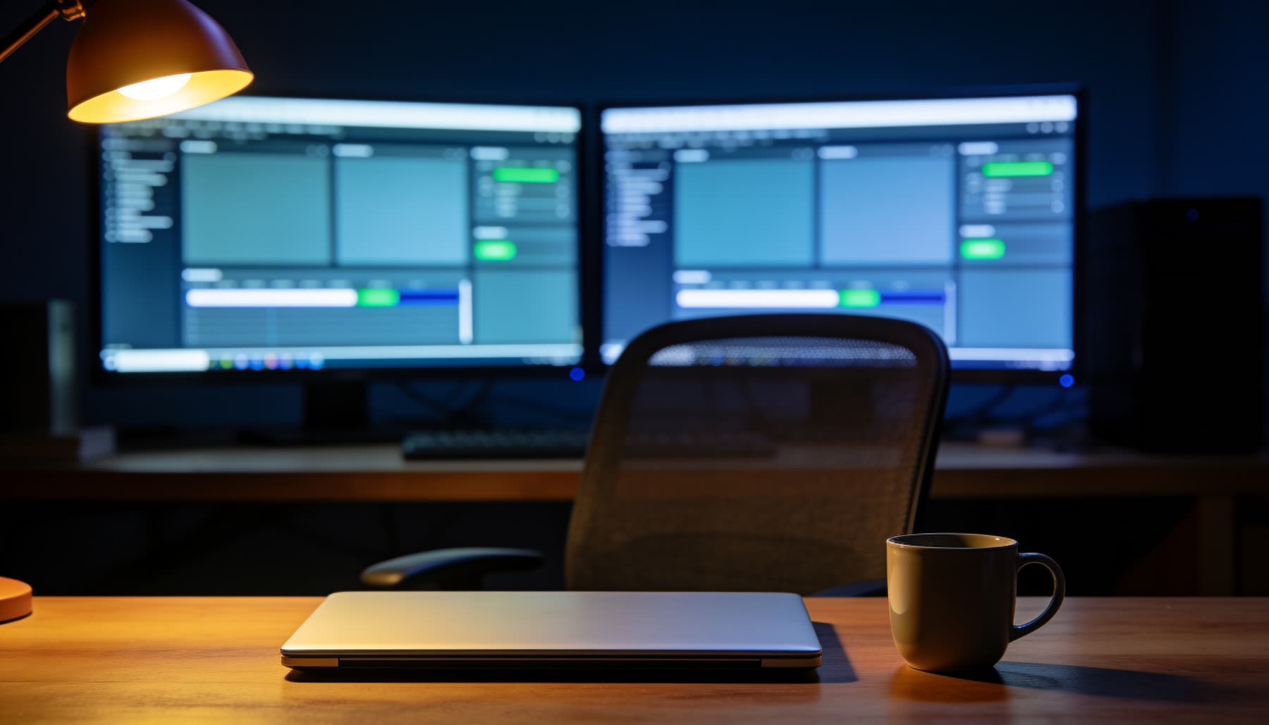 Un escritorio de noche con la laptop cerrada y las pantallas de atrás todavía trabajando