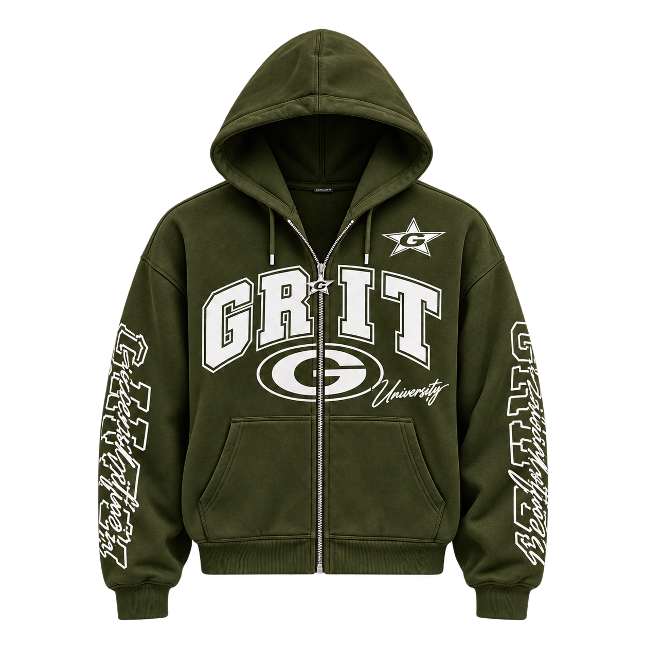 GRIT University Zip Hoodie — Olive / White