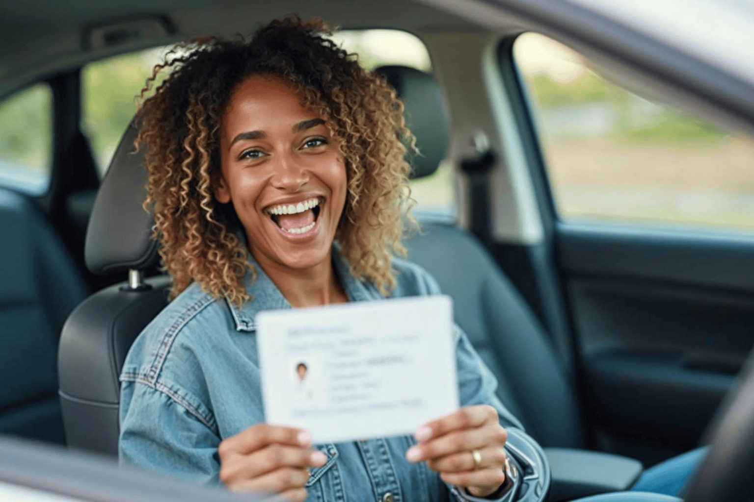 Happy student in car with tablet