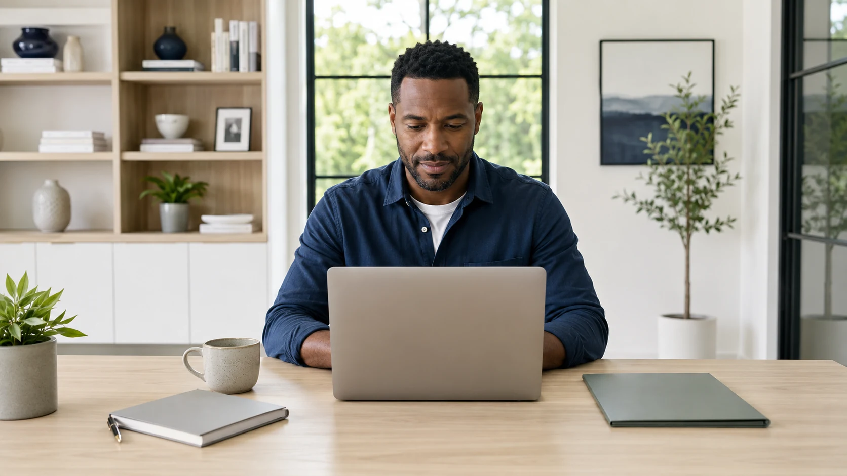A man working on his laptop at home