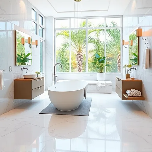Remodeled Wellington FL bathroom with marble floors, neutral tile, freestanding tub, modern vanity, glass shower, natural light, lush greenery