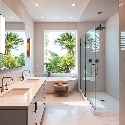 Beautiful modern Gulf Stream bathroom with marble countertops walk-in shower sleek fixtures and lush greenery view