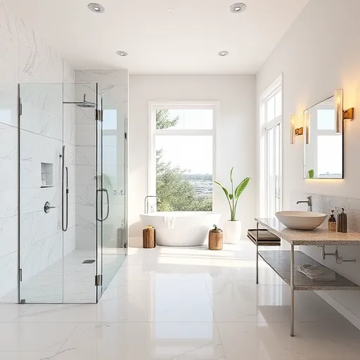 Modern renovated bathroom in Port Saint Lucie with walk-in shower, freestanding tub, granite vanity, and elegant design
