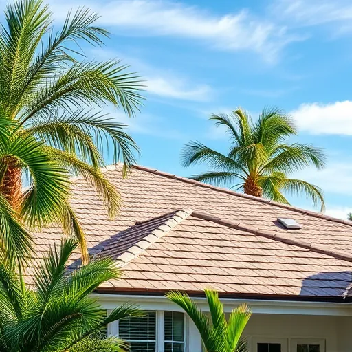 Close-up of a new roof with natural-colored shingles on a modern home in Riviera Beach Florida, surrounded by palms and bright sky