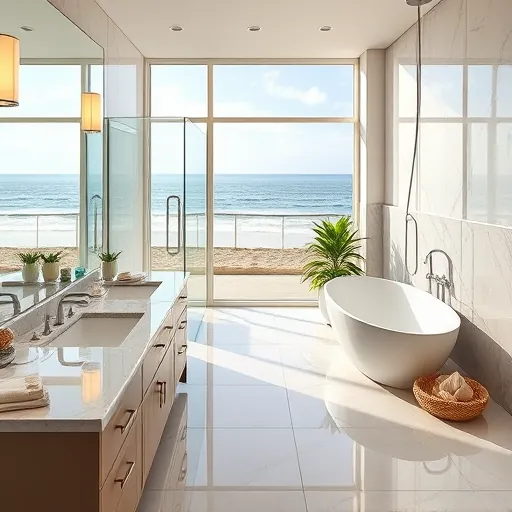 Beautiful remodeled Ocean Ridge Florida bathroom with modern fixtures, marble countertops, frosted windows, and coastal decor