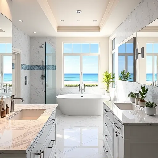 Renovated bathroom in Riviera Beach FL with marble countertops, modern fixtures, walk-in shower, and natural light.