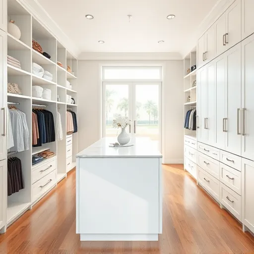 Renovated Riviera Beach closet with sleek white cabinets, open shelves, marble-topped island, hardwood floors, and natural light