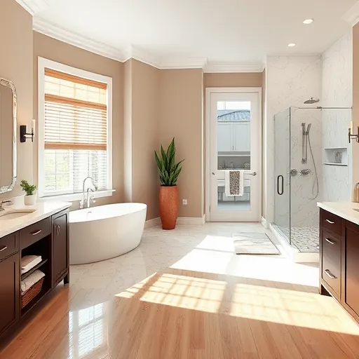 Recently renovated bathroom in Lake Clarke Shores FL featuring marble countertops, freestanding tub, and elegant tile work.