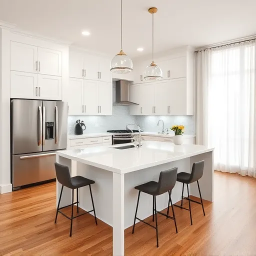 Modern kitchen remodeling in Fort Pierce, FL, featuring white cabinetry, quartz countertops, and elegant pendant lighting.