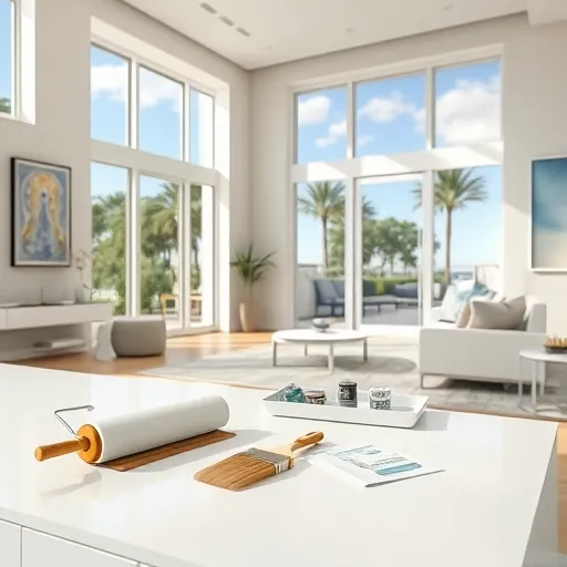 Freshly painted elegant Riviera Beach living room with pastel walls, natural light, sleek tools, and coastal decor.