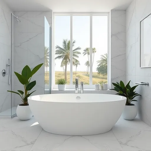 Elegant white bathtub with smooth curves in a modern Riviera Beach bathroom featuring marble tiles, glass shower, chrome fixtures, tropical plants, and large windows.