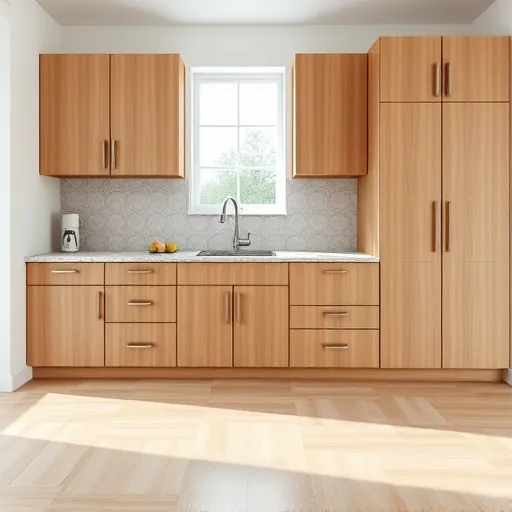 Freshly installed modern wooden kitchen cabinets with granite countertops, under a large window in a stylish Riviera Beach Florida kitchen