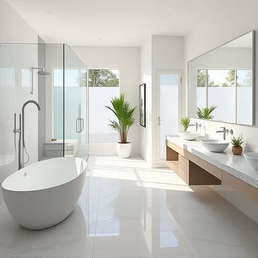Completed modern bathroom in Lake Harbor FL with sleek fixtures, glass shower, freestanding tub, marble vanity and natural light