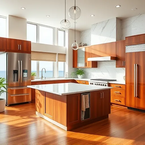 Modern kitchen remodeling in Gulf Stream FL with stainless steel appliances, quartz island, and warm hardwood flooring.