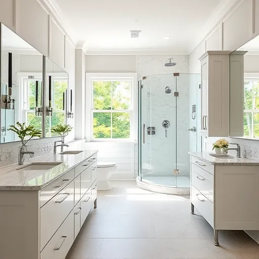 Remodeled Florida bathroom with modern fixtures, marble countertops, walk-in shower, natural light, and elegant design