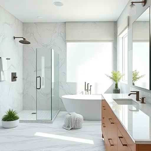 Modern renovated bathroom in Village of Golf FL with walk-in shower, soaking tub, double vanity, natural light, and elegant decor