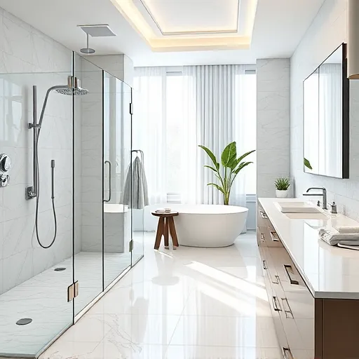Renovated Boca Raton bathroom with modern fixtures, walk-in shower, freestanding tub, marble counters, and natural light