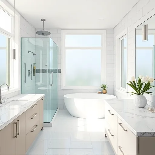 Beautiful renovated Jensen Beach bathroom with modern fixtures, walk-in glass shower, freestanding tub, marble countertops and coastal accents