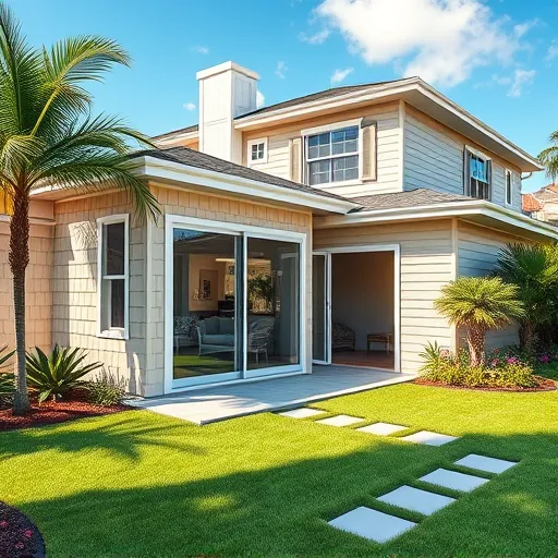 Recently completed modern home addition in Riviera Beach Florida highlighting seamless integration, durable siding, large energy-efficient windows, lush yard, and coastal surroundings