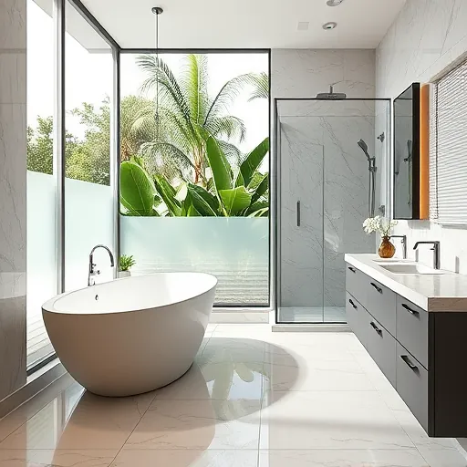 Renovated Riviera Beach bathroom with soaking tub, frameless shower, marble counters, and tropical garden view.