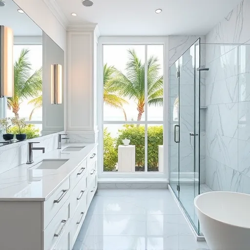 Bright lakeside renovated bathroom with white marble countertops chrome fixtures glass shower coastal blue accents sunlight reflections
