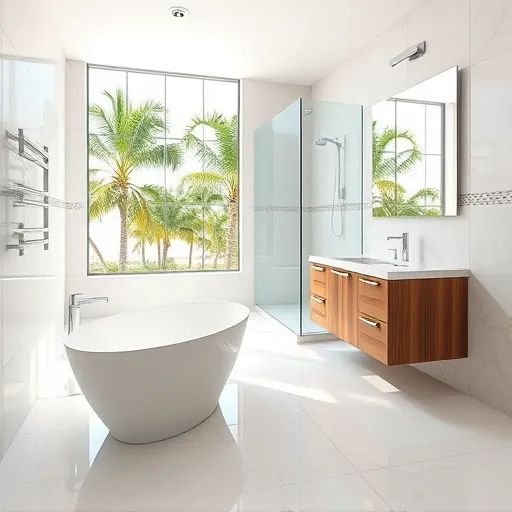 Modern bathroom remodel in Riviera Beach FL features sleek marble flooring, freestanding tub, and elegant fixtures.