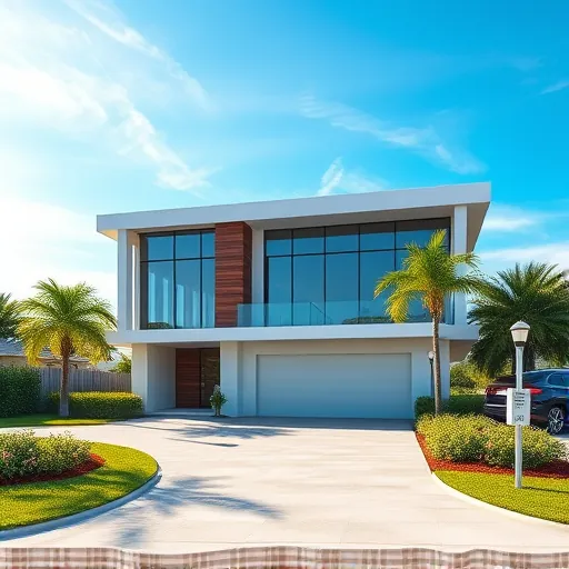 Modern new residential building in Riviera Beach Florida with glass windows, natural wood accents, lush greenery, and coastal views