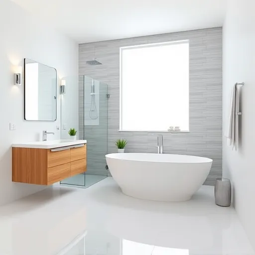 Bright modern bathroom in Fort Pierce with natural wood vanity, walk-in glass shower, soaking tub, and elegant gray accents