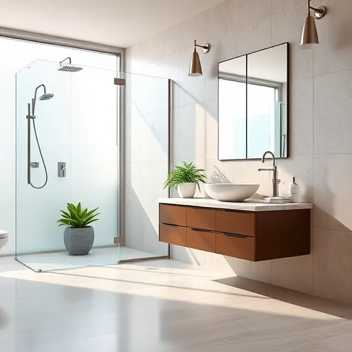 Modern renovated bathroom in Lake Park Florida with glass walk-in shower, marble vanity, large mirror, and polished tiles