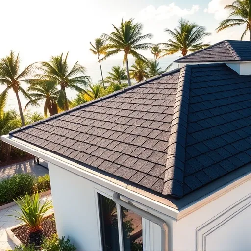 Newly installed black asphalt shingle roof with lush Florida landscaping and clear sky in Riviera Beach Florida