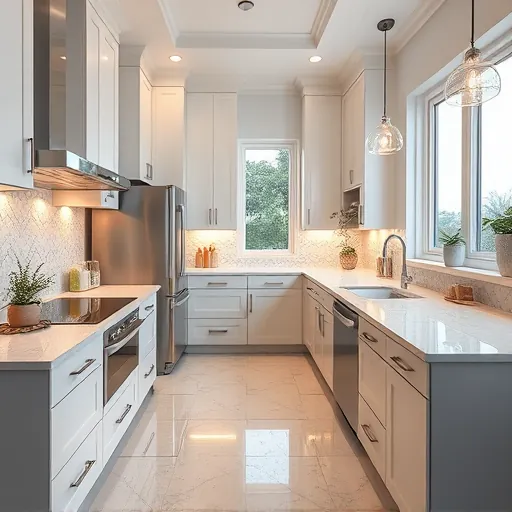 Remodeled kitchen in Boynton Beach with marble countertops, custom cabinetry, stainless appliances, and elegant lighting.