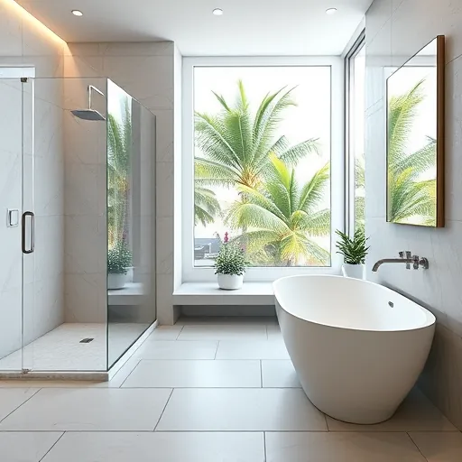 Renovated Wellington Florida bathroom with a walk-in shower, marble tiles, floating vanity, freestanding tub, and tropical greenery