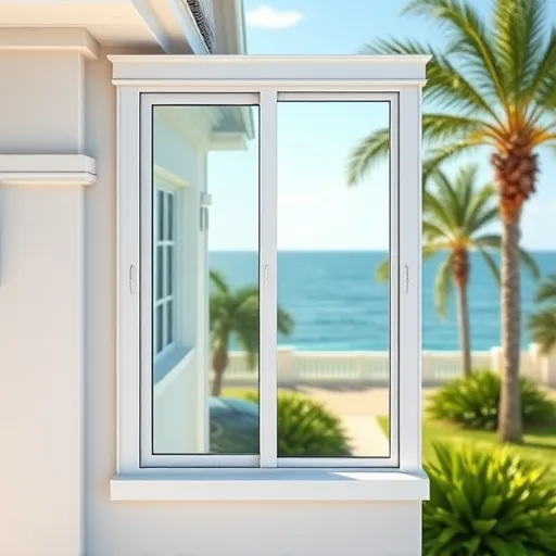 Modern Riviera Beach home with newly installed hurricane impact window, clear glass, reinforced frame, tropical landscaping, seaside background