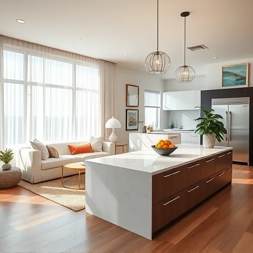 Modern Boca Raton living space with sleek furniture, coastal décor, large windows, and elegant kitchen design.