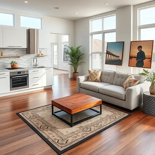 Stylish Fort Pierce kitchen and living area with modern white cabinetry, granite counters, and natural light ambiance.