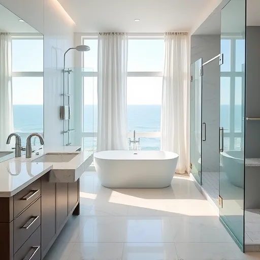 Renovated bathroom in Ocean Ridge, FL features sleek design with glass shower, marble countertops, and beach-inspired colors.
