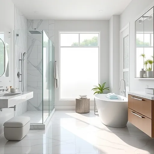 Renovated Village of Golf FL bathroom with modern fixtures, marble tiles, glass shower, freestanding tub, and natural light