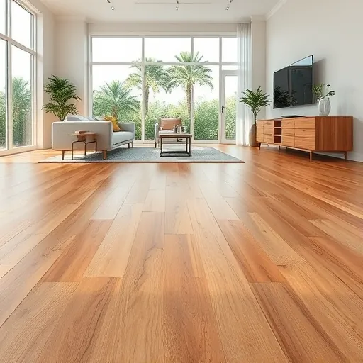 Finished vinyl plank flooring in a sunny modern room with large windows, sleek decor, and lush greenery outside