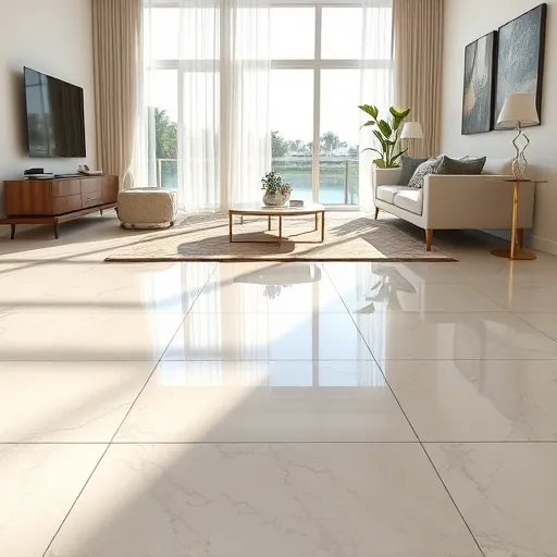 Freshly installed glossy ceramic tile flooring in a modern Riviera Beach living room with natural sunlight and elegant coastal decor