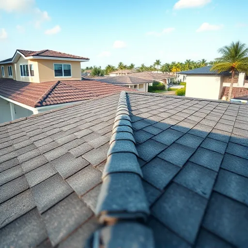 Freshly repaired modern home roof in Riviera Beach FL with new shingles, clear blue sky, landscaped yard, and neighborhood view