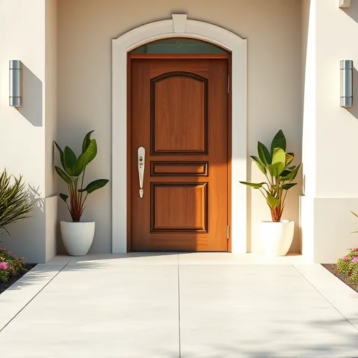 Newly installed high-quality wooden door with intricate details and sleek hardware at upscale Riviera Beach Florida home