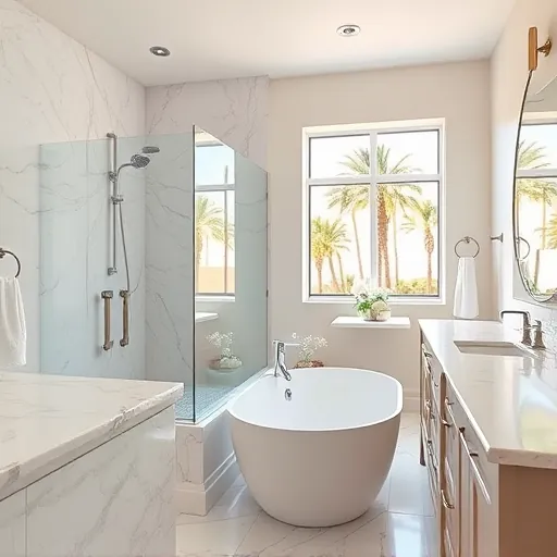Remodeled Palm Springs bathroom with modern fixtures, marble shower, soaking tub, granite vanity, coastal decor, and palm view