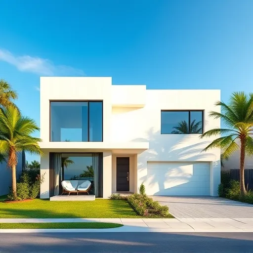 Modern new residential building in Riviera Beach Florida with sleek design, large windows, tropical landscaping, and coastal style