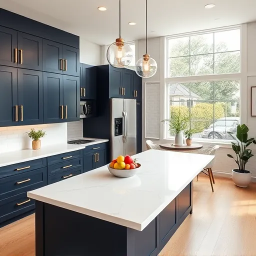 Modern Okeechobee kitchen remodel features navy cabinetry, quartz countertops, pendant lighting, and stainless steel appliances.