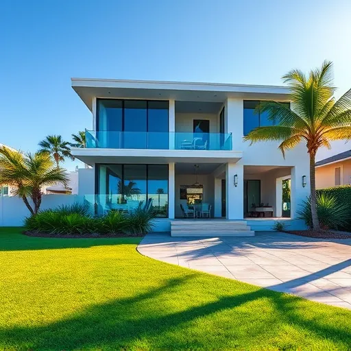 Beautiful modern home addition in Riviera Beach FL with large windows, coastal colors, lush landscape, and stamped concrete driveway