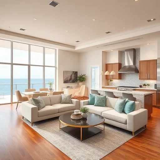 Modern open-concept living space in North Palm Beach featuring elegant design, high ceilings, and ocean views.